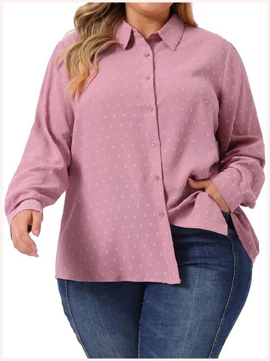 Tops - Plus Size Long Sleeve Button Down Swiss Dots Blouse Shirt Top